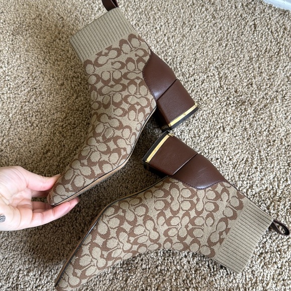 Coach Neeka Logo Knit Block Heel Slip On Bootie Brown Tan - Picture 4 of 8